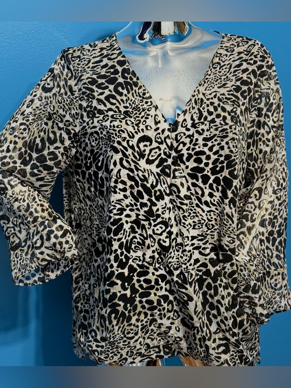 new directions Black and White Leopard Print V-Neck Wrap Blouse Women’s L